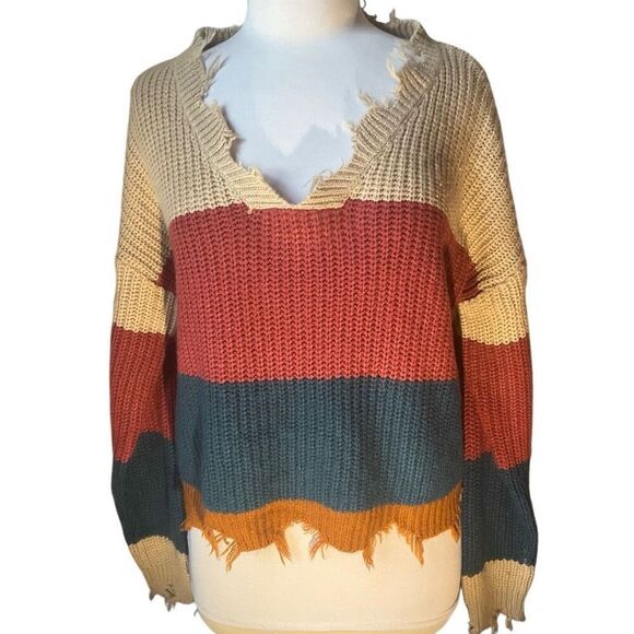 Derek Heart Colorblock Distressed Cropped  VNeck Sweater, L - Picture 2 of 16